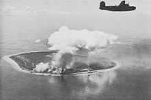 Nauru Island under attack by B-24 Liberator bombers of the United States Seventh Air Force