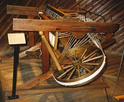 Model of the spinning jenny in a museum in Wuppertal, Germany. The spinning jenny was one of the innovations that started the Industrial Revolution.