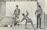 A propaganda cartoon of Bligh's arrest in Sydney in 1808, portraying Bligh as a coward