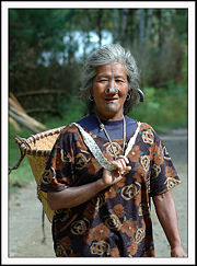 An Apatani woman with a basket going to field.