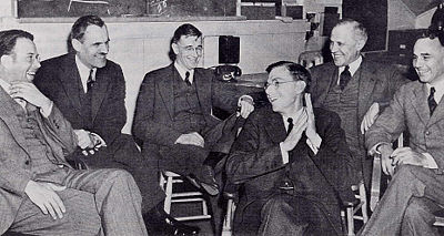 Vannevar Bush in his element: a 1940 meeting at Berkeley with (from left to right) Ernest O. Lawrence, Arthur H. Compton, Bush, James B. Conant, Karl T. Compton, and Alfred L. Loomis