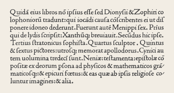 Nicolas Jenson's roman type used in Venice c. 1470. Later "old style" or Venetian book romans such as Aldines, and much later Bembo, were closely based on Jenson.