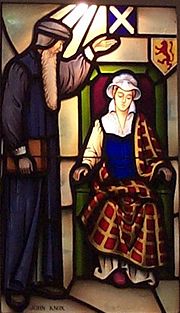 John Knox admonishing Mary Queen of Scots. Stained glass window in Covenant Presbyterian Church, Long Beach, California, USA.