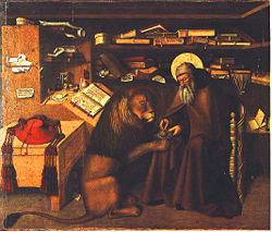 Painting by Niccolò Antonio Colantonio, showing St. Jerome's removal of a thorn from a lion's paw.