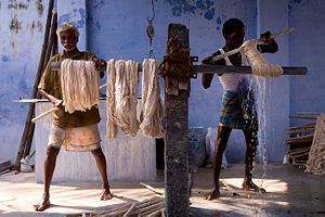 Manual dyeing of cotton in India.