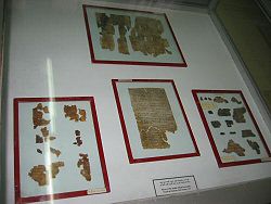 Fragments of the Dead Sea Scrolls on display at the Archaeological Museum in Amman, Jordan.