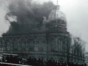 A burning synagogue during Kristallnacht