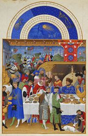An illuminated page from the Très Riches Heures showing the day for exchanging gifts from the month of January.