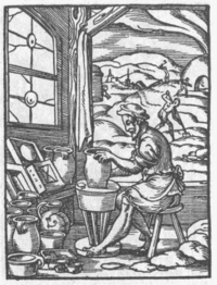 1568 German print of a potter throwing clay on a wheel