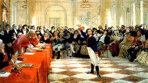 14-year-old Pushkin reciting his poem before old Derzhavin in the Tsarskoye Selo Lyceum (1911 painting by Ilya Repin).