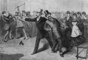 President Garfield with James G. Blaine after being shot by Charles Guiteau, as depicted in a period engraving from Frank Leslie's Illustrated Newspaper