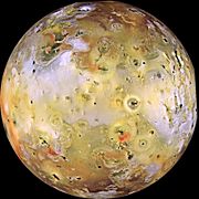 Io exhibits extraordinary variations in color and brightness as shown in this color-enhanced image.