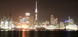 Auckland CBD at night, with the Captain Cook Wharf part of Ports of Auckland in the foreground.