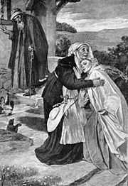 Mary greets Elizabeth at the house of the priest Zechariah.