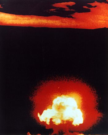 The Manhattan Project conceived and created the first nuclear weapons and before using them in combat tested them just once in the Trinity test of July 16, 1945, which is shown here.