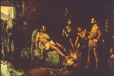 The Torture of Cuauhtémoc, a nineteenth-century painting by Leandro Izaguirre