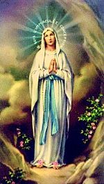 Our Lady of Lourdes appearing at Lourdes with Rosary beads.