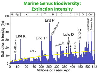 Apparent extinction intensity, i.e. the fraction of genera going extinct at any given time, as reconstructed from the fossil record