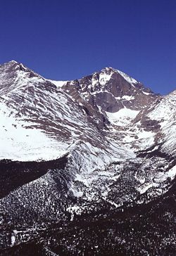 Snowpack accumulation at 14,255 feet on Longs Peak in Rocky Mountain National Park (photo courtesy of USDA)