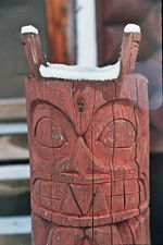 Small totem outside Saik'uz First Nation Potlatch House