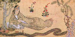 The Queen of Sheba, Bilqis, shown reclining in a garden--tinted drawing on paper c. 1595.