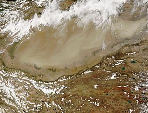 Dust storm in Taklamakan as seen from space, June 2005.