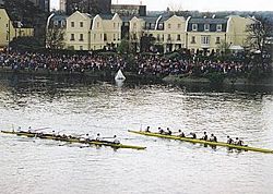 Exhausted crews just after the finish of the 2002 Oxford and Cambridge Boat Race.