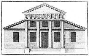 A villa with a superimposed portico, from Book IV of Palladio's I Quattro Libri dell'Architettura, in a modestly priced English translation published in London, 1736.