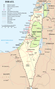 Israel, with the West Bank, Gaza Strip and Golan Heights highlighted in green. West Bank and Gaza are under the control of the Palestinian National Authority. Golan Heights, annexed by Israel, is Syrian.