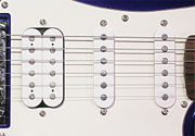 Pickups on a Fender Squier "Stagemaster" guitar: On the left is a "humbucker" pickup and on the right are two single-coil pickups.