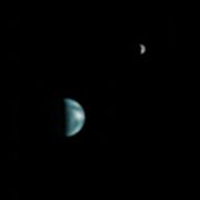 Earth and Moon from Mars, imaged by Mars Global Surveyor; South America is visible