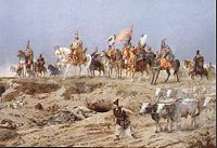 Prince Árpád is crossing the Carpathians. A detail of Árpád Feszty and assistants' canvas (Ópusztaszer National Memorial Site, Hungary)