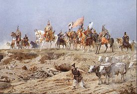 Prince Árpád is crossing the Carpathians. A detail of Árpád Feszty and assistants' vast (1800m²) canvas, painted to celebrate the 1000th anniversary of the Magyar conquest of Hungary.