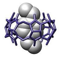 host-guest complex with a p-xylylenediammonium bound within a cucurbituril. It was reported by Freeman in Acta. Crystallogr. B 1984, 382-387.
