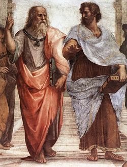 Plato and Aristotle (right), by Raphael (Stanza della Segnatura, Rome). Aristotle is regarded as the "father" of metaphysics.