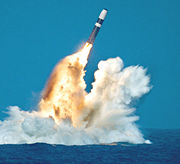 Trident missile launch at sea from a Royal Navy Vanguard- class ballistic missile submarine.