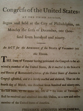 1790 Act of Congress admitting Vermont to the federal union. Statehood began on March 4, 1791.