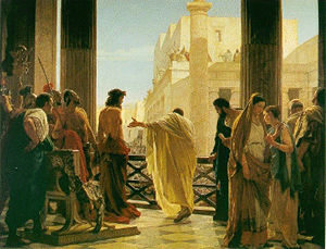 Pilate offers the crowd Jesus instead of Barabbas.