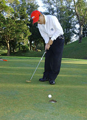A golfer sinks his putt.