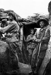 Australian infantry in a captured Turkish trench.