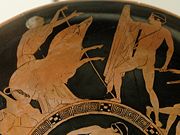 Theseus and the Crommyonian Sow, with Phaea, on an Attic red-figured kylix, c. 440-430 B.C.E.