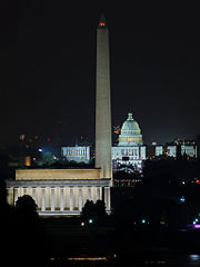 Night view of The Lincoln Memorial, Washington Monument and U.S. Capitol, 2007.