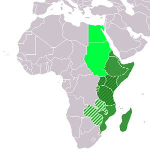 ██ Eastern Africa (UN subregion) ██ East African Community ██ Central African Federation (defunct) ██ geographic East Africa, including the UN subregion and East African Community