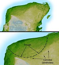 Radar topography reveals the 180 kilometer (112 mile) wide ring of the Chicxulub crater (image courtesy NASA/JPL-Caltech)