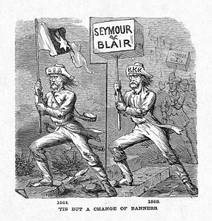 1868 Republican cartoon identifies Democratic candidate Horatio Seymour (right panel) with KKK violence and with Confederate soldiers (left panel)