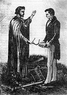 An 1893 engraving depicting Joseph Smith's description of receiving artifacts from the angel Moroni. The artifacts include the golden plates and a set of spectacles made of seer stones, which Smith called the Urim and Thummim. The sword of Laban and an ancient breastplate are shown nearby.