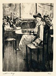 Young Girl in cafe with street-view, etching by Lesser Ury, 1861-1931.