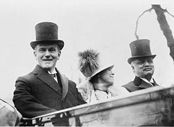 President Coolidge, his wife Grace, and Kansas senator Charles Curtis on their way to the U.S. Capitol building on inauguration day, March 4, 1925.