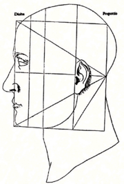 Woodcut from De divina proportione illustrating the golden ratio as applied to the human face.