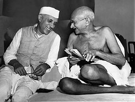 Jawaharlal Nehru sharing a joke with Mahatma Gandhi, Mumbai, July 6, 1946.